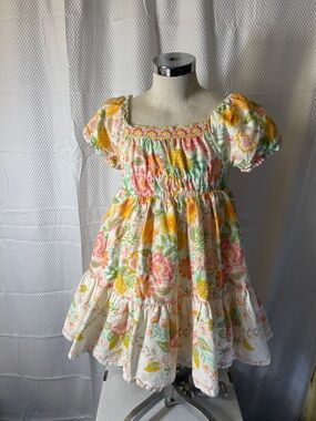 Rachel Zoe Girls Floral Puff-Sleeve Dress in Pink, Yellow & Green size 7 girls
